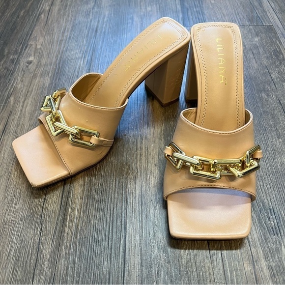 Women’s Chain Slip On Chunky Heels Shoes Sandals Tan Size 8 - Picture 5 of 13